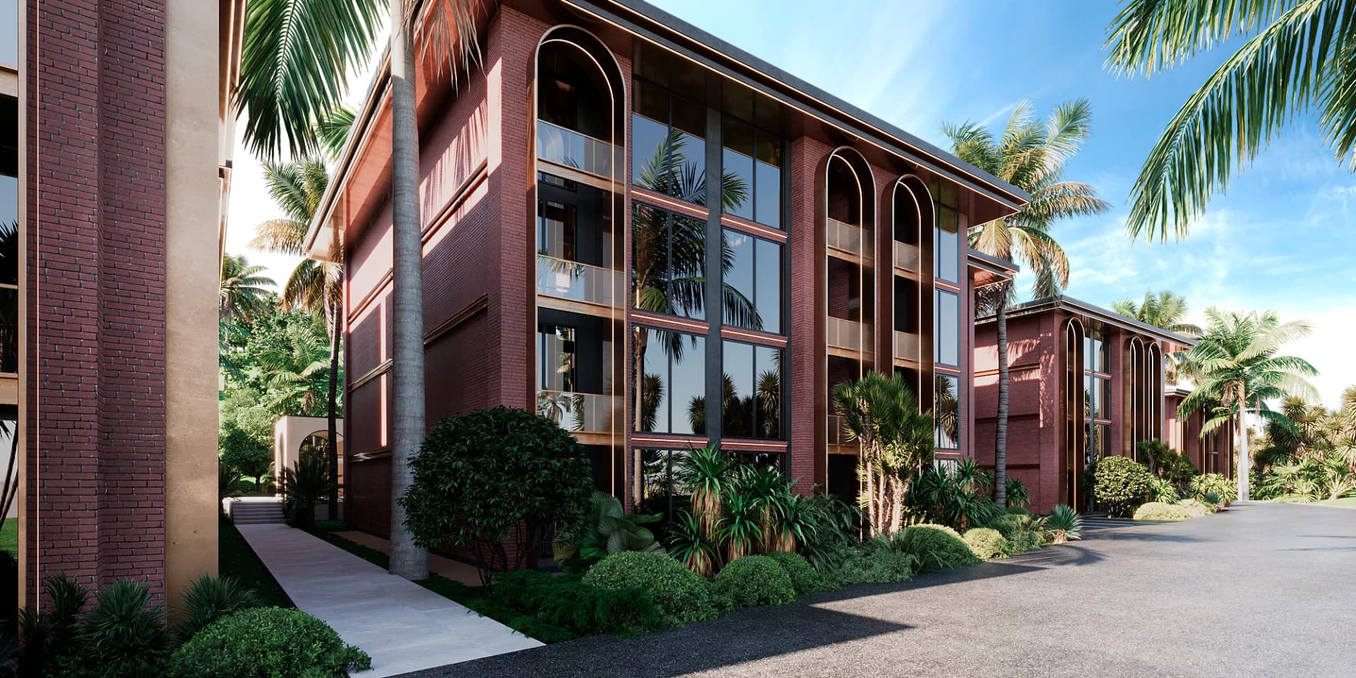 Stacked arched glass bays and balconies behind the palms
