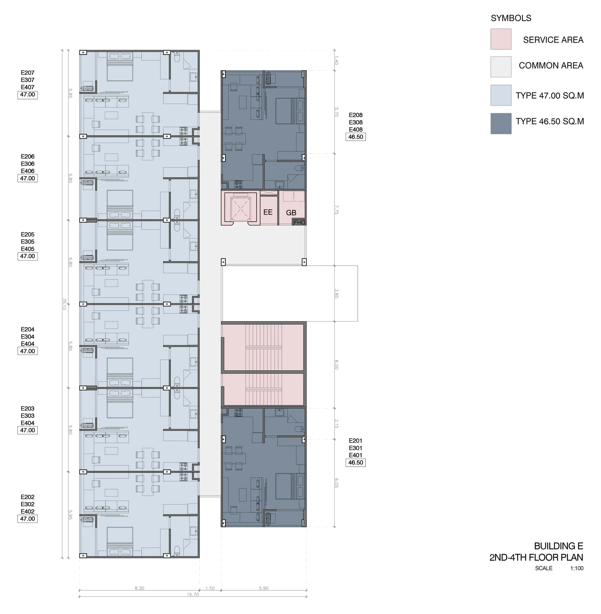 Building E, typical upper floor: unit numbers and sizes