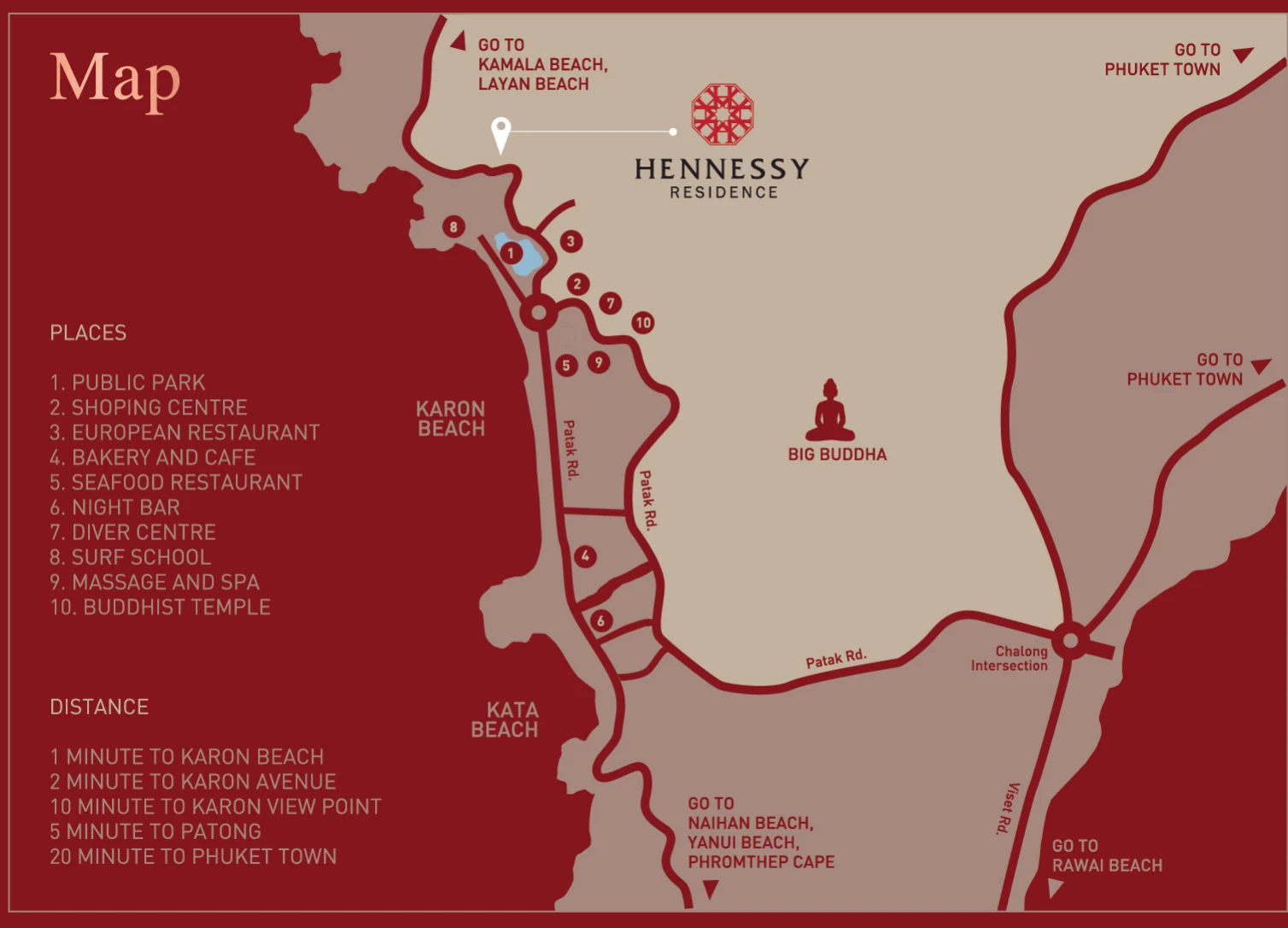 Die Karte des Bauträgers von Karon und Kata mit Hennessy Residence am Nordende von Karon Beach