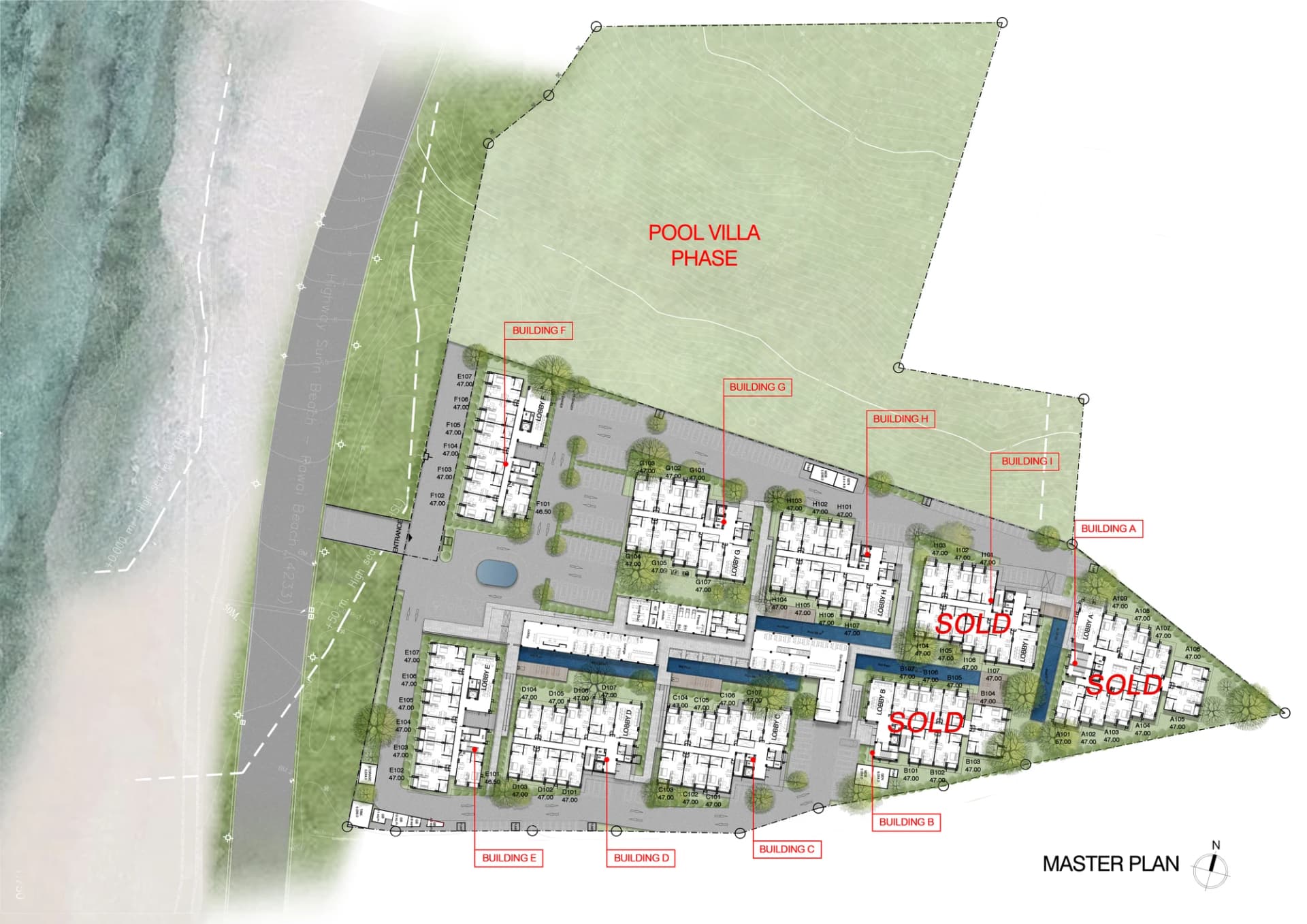 Master plan: nine buildings A–I around the pool spine, the entrance from the coast road and the pool villa phase