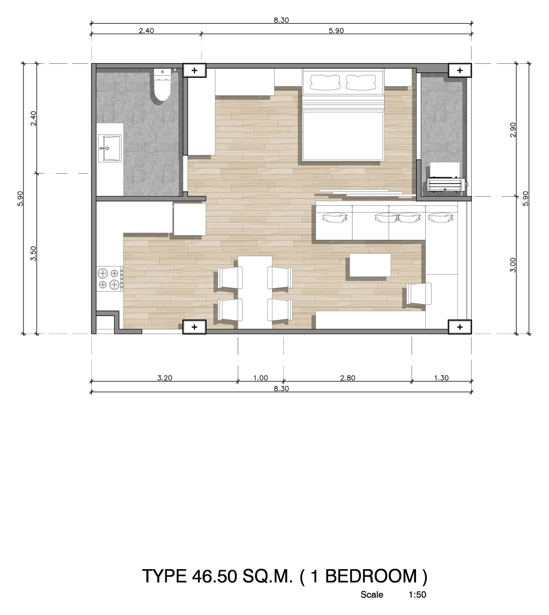 Plano acotado del apartamento de un dormitorio de 46.5 m²