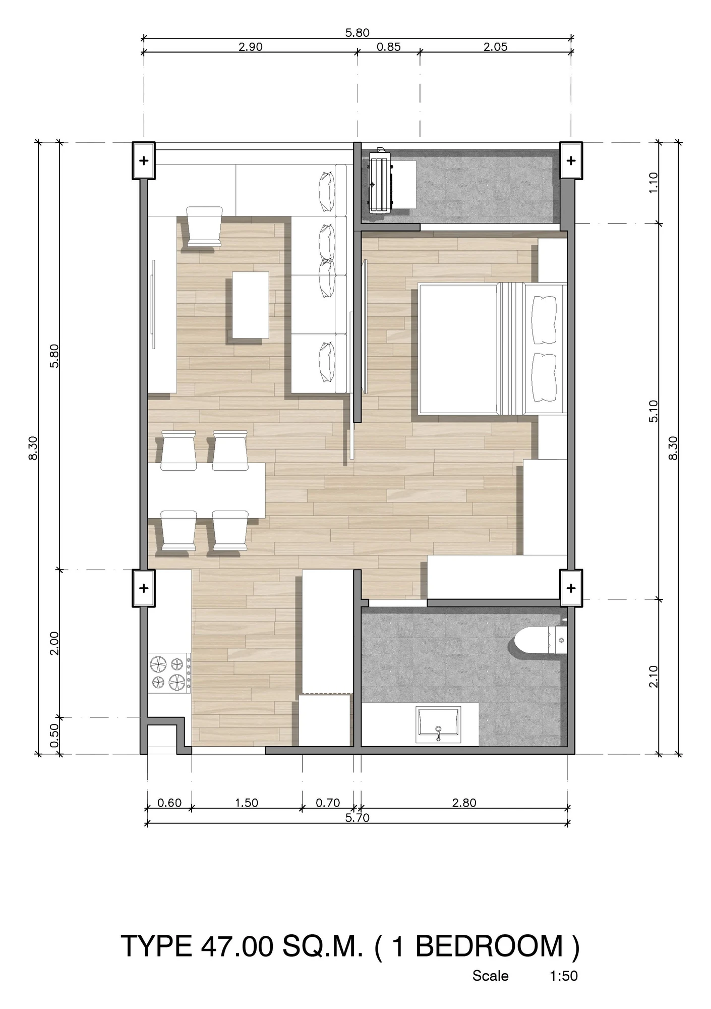 Plano acotado del apartamento de un dormitorio de 47 m²